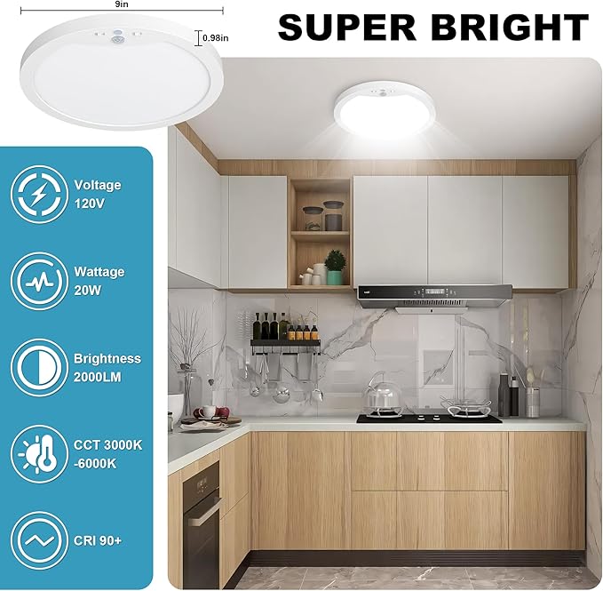 NEWKAZ 9Inch Motion Sensor Ceiling Light Hard-Wired, 20W Indoor Flush Mount LED Ceiling Light, 3000K 4000K 6000K 3CCT Adjustable for Closet Doorway Stairway Hallway, NOT Battery Operated