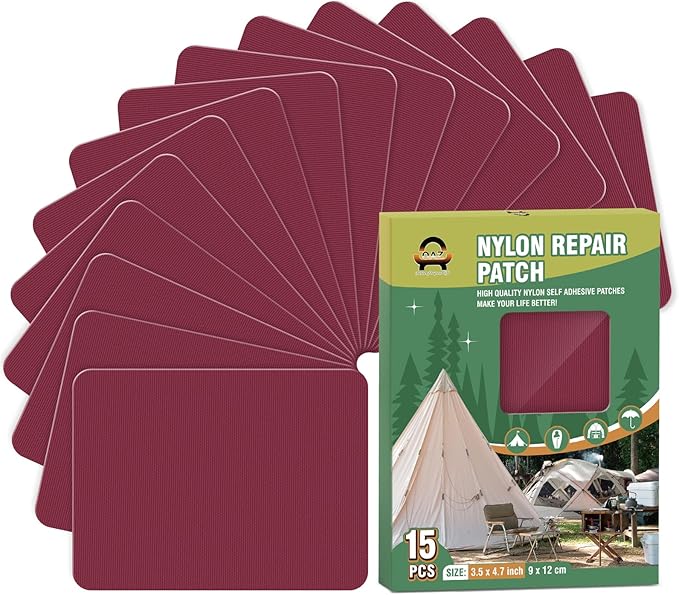 OAZ 15 Pieces 3.5 x 4.7 inch Nylon Repair Patches Nylon Fabric Patch Self-Adhesive Tent Repair Tape Waterproof Lightweight Repair Patches Repair Patch Kit for Clothing Down Jacket Bag (Burgundy)
