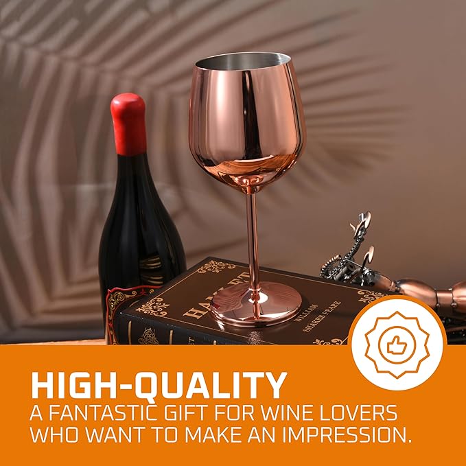Bruntmor Stainless Steel Wine Glass - 17 Oz Unbreakable 8 inches Tall Wine Glasses - Shatterproof, Metal Copper, Stemmed Drinkware For Champagne, Cocktail - Wedding Goblets Glass - 1 Rose Gold