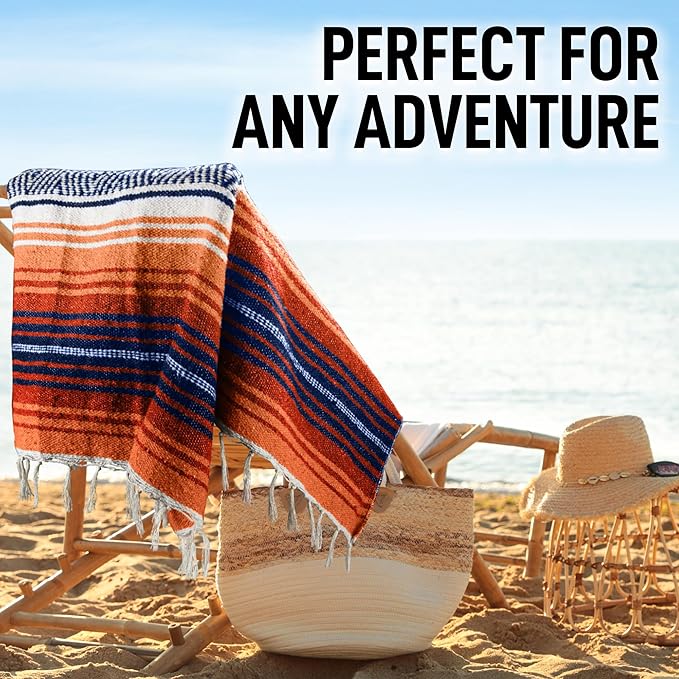 Authentic Large Handwoven Mexican Blanket - Soft Yoga- Durable Serape- Lightweight Falsa, Beach, Camping, Picnic, Outdoor Blanket 70"x50" - Orange Gold