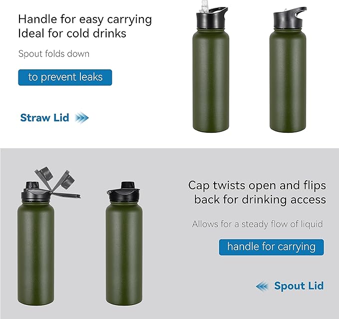 VEGOND 40 oz Insulated Water Bottle Stainless Steel Metal Water Bottles with Leak Proof Straw Lid & Spout Lid, Wide Mouth Double Walled Vacuum Travel Sports Bottle, Army Green