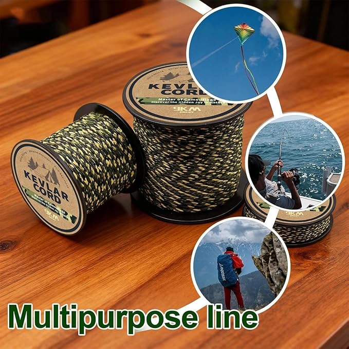 9KM DWLIFE Kevlar Cord – Camo Kevlar Line Ultra-Strong, Lightweight & Abrasion-Proof Survival Rope for Camping, Tactical Gear, Trip Wire 100-1000lb