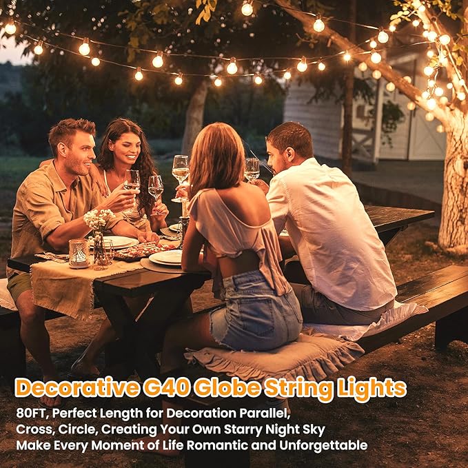 Bosceos 80FT Outdoor G40 LED Globe String Lights Dimmable Waterproof Shatterproof Light Strings with 40 Bulbs Connectable Commercial Hanging Lights for Christmas Patio House Backyard Balcony Party