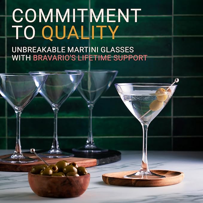Bravario Unbreakable Plastic Martini Glasses, 100% Tritan Shatterproof Plastic Cocktail Glasses, Premium Quality, BPA-Free Dishwasher-Safe Reusable, 8 oz Set of 4
