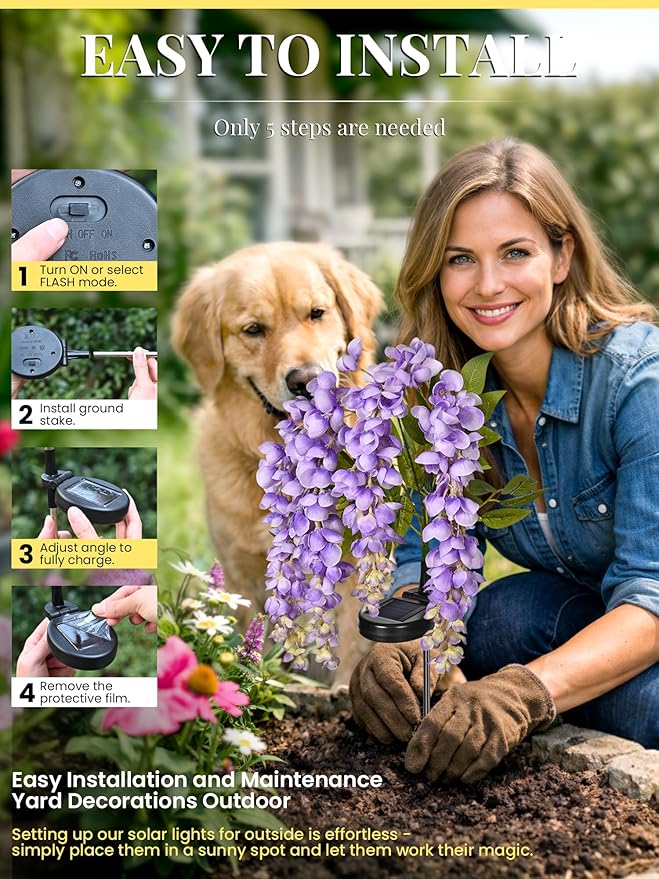 GIGALUMI Solar Lights Outdoor for Garden Decor, 3 Pack Solar Flower Lights Waterproof, 2 Lighting Modes Wisteria for Pathway,Yard, Patio Decoration, Gardening Gifts for Women (Purple)