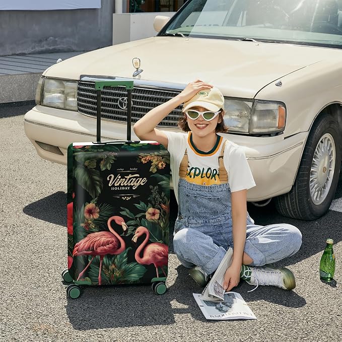 ANNA QUEEN Tropical Pink Flamingos Travel Luggage Cover -Stretchable Airplane Suitcase Protector Sleeve,Universal Washable Fit for 28-30 Inch Checked Baggage,Water Resistant Durable Luggage Protector