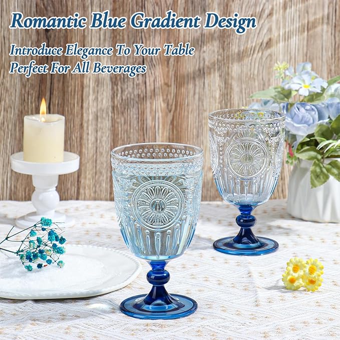 XUWAIDSGN 12Pcs Plastic Vintage Wine Glasses 13.5oz Reusable Embossed Goblet Glasses Blue Gradient Retro Wine Glassware Unbreakable Stemmed Champagne Water Cups for Wine Cocktail Juice Wedding