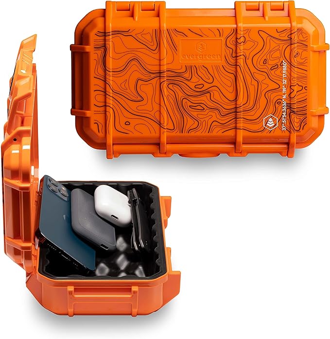 Evergreen 56 Dry Box - EDC Tough Protective Case USA Made for Organization of Cameras, Phones, Camping, Fishing, Hiking, Water Sports (Orange, TOPO)