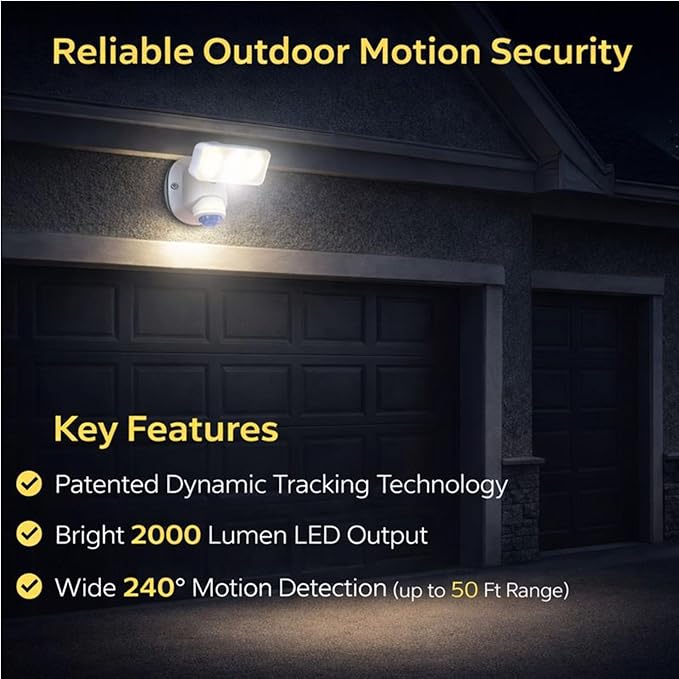 Wired Motion Security Light with Dynamic Tracking Technology, 2000 Lumens LED, 240° Sensor, White, 50 ft Range