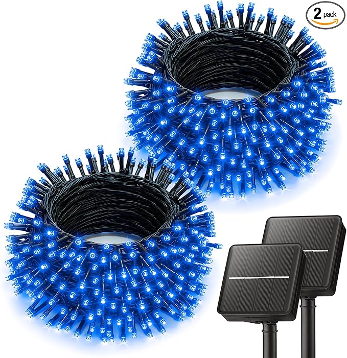 Brightown 2 Pack Solar String Lights Outdoor,Total 80FT 200 LED Solar Powered String Lights Waterproof with 8 Modes, Auto On/Off, Patio Lights for Outside Tree Garden Balcony Party Decor (Blue)