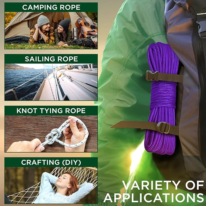 TECEUM Rope – 150 Feet x 1/4 Inch (7mm) – Purple – Strong All-Purpose Utility Rope – Camping, Crafting, Flag Pole, Indoor & Outdoor – Polypropylene Nylon Poly Lightweight Diamond Braided Cord