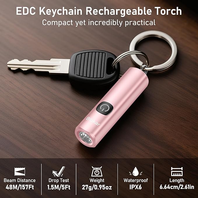 Blukar Rechargeable EDC Flashlight, Mini Keychain Flash Light with 3 Lighting Modes, Memory Function, Waterproof, Compact and Portable Pocket Light for Everyday Carry, Emergency,Camping-Pink