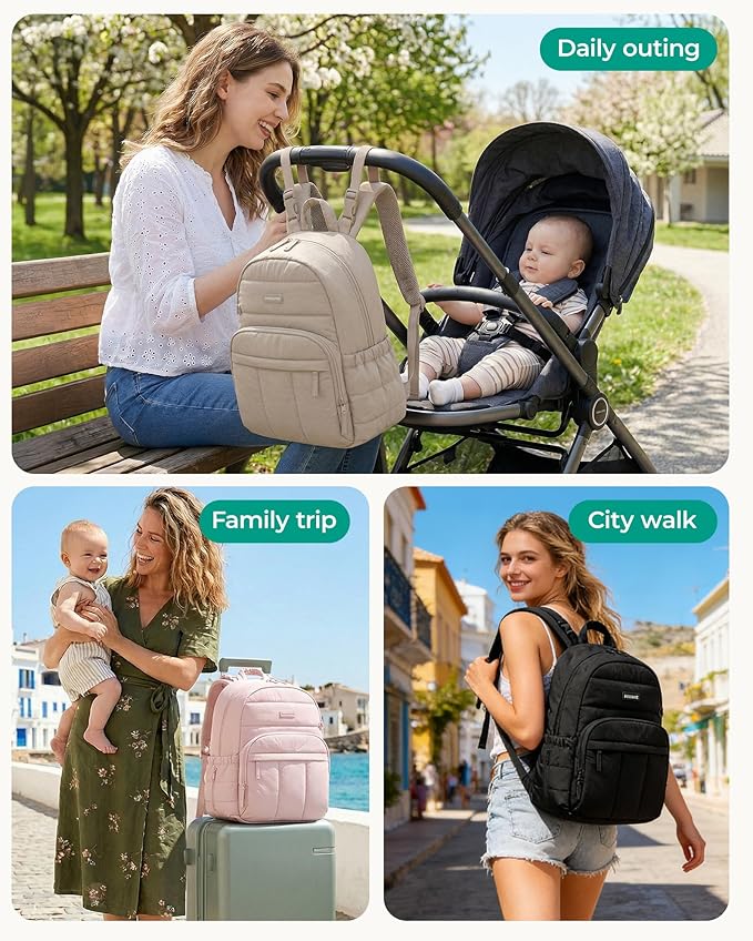 BAGSMART Diaper Bag Backpack, Multi-Pocket Puffy Diaper Bag with Waterproof Changing Pad, Lightweight Stroller-Friendly Diaper Bag with Insulated Pockets, Easy-Access Baby Essential, Coffee Brown