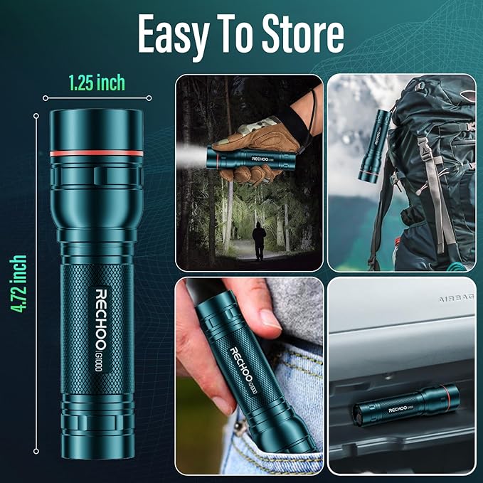 RECHOO Rechargeable Flashlight 1 Pack, Bright Military Grade Torch Light High Lumens with Adjustable Focus & 3 Lighting Modes, Lightweight Waterproof Led Flashlight for Camping Home, Teal Blue