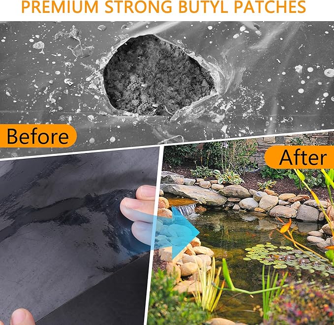 Adnee 2 Pcs Pond Liner Repair Patch-8 x 8 Inches Self-Adhesive EPDM Liner Repair Patch Kit-Thickened Rubber Pond Liner Seam for EPDM Garden Pond Patch Cover Liner Repair