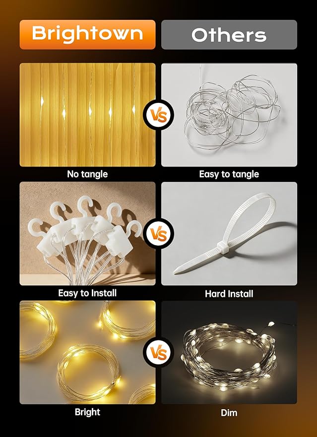 Brightown 180 LED Shower Curtain Lights, 70 Inch Warm White Fairy Lights Battery Operated String Lights, 8 Modes Waterproof Christmas Lights for Indoor Outdoor Decor(No Curtain)