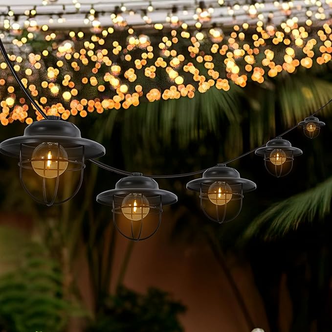 JONATHAN Y 10' Black 10-Light Rustic Farmhouse LED String Lights for Patio, Metal Cage Shade, Weatherproof Connectable Outdoor Hanging Lights, UL Listed JYL8703A