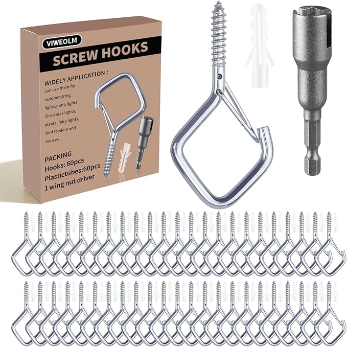 60 Pcs Silver Eye Hooks Screw Heavy Duty,Ceiling Hooks for Hanging Plants,String Lights,Cup,Wind Chime,Bird Feeders. Plant Hanger Indoor&Outdoor