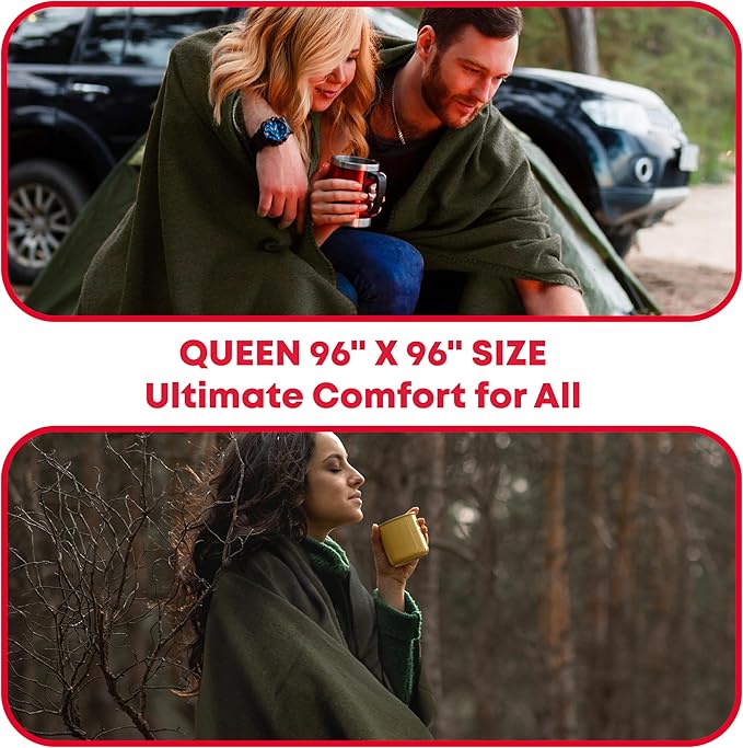 Ever Ready First Aid Military Wool Blanket - 95% Wool, Washable, Perfect for Outdoors, Picnics, Travel, Car & Bushcraft Emergency Blanket, 96" x 96" 6.65 lbs. - Olive Drab Green - Queen Size