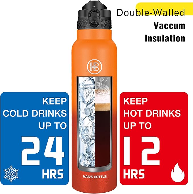 Han's Bottle Sports Water Bottle - 32 Oz, Straw Lid, Leak Proof, Vacuum Insulated Stainless Steel, Double Walled, Thermo Mug,Fire