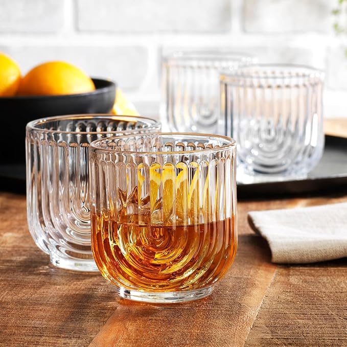 Glaver's 16-Piece Drinking Glass Set, Art Deco Ribbed Arch Design, Clear U-Shape Glassware, 17oz Highball and 11oz DOF Glasses