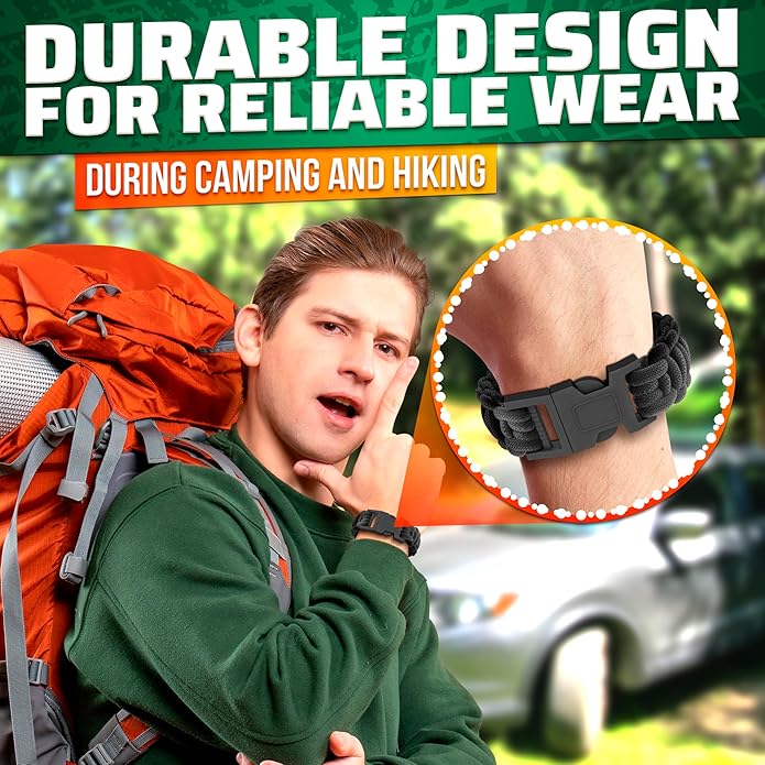 Paracord Bracelets for Men and Women – Adjustable Survival Paracord Bracelet with 10 ft Nylon Survival Cord, Flint Fire Starter, Compass, Whistle & Scraper – Gear for Camping, Hiking, Fishing & Travel
