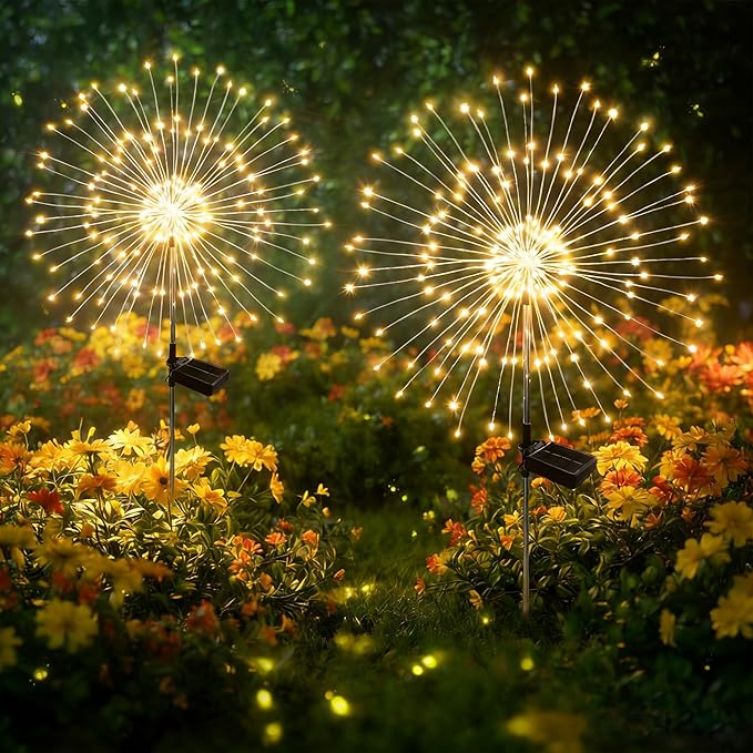 Solar Garden Lights Outdoor Decor Waterproof, 2Pack 120LED Firework Lights for Garden Decorative, Fairy Lights Solar Powered for Yard, Patio,Pathway,Flowerbed,Planter,Party(Warm White)