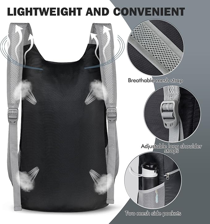 ZOMAKE Lightweight Packable Backpack,Foldable Backpacks Small Daypack for Hiking Water Resistant Day Bag for Travel(14L,Black)