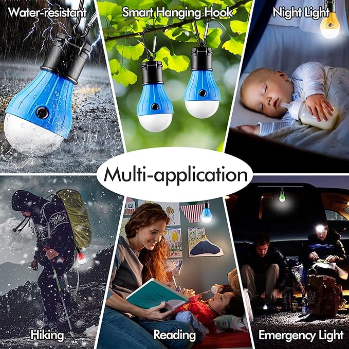 FLY2SKY Tent Lamp Portable LED Tent Lights Blue 4 Packs Hook Hurricane Emergency Lights LED Camping Lights Bulb Camping Tent Lanterns Camping Equipment for Camping Hiking Backpacking Fishing Outage