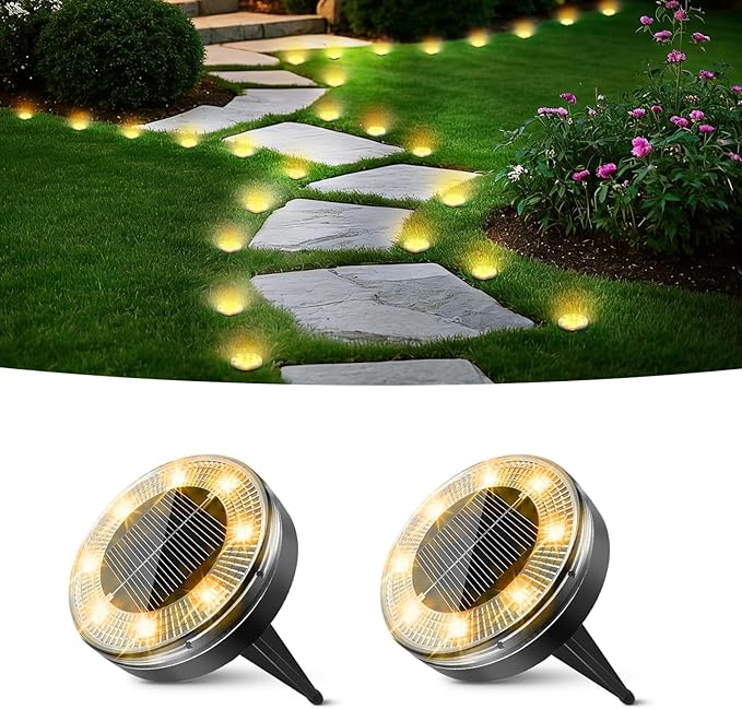Peasur Mini Solar Ground Lights, 2 Pack Flat Solar Disc Lights Outdoor Waterproof, 2.3 Inch Small Solar Garden Lights Landscape Lighting for Outside Pathway Garden Yard Lawn Walkway,Warm White
