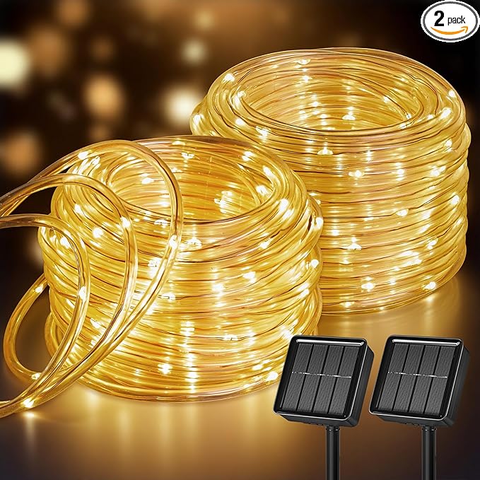 Brightown 2 Pack Solar Rope Lights, Total 78FT 200LED Warm White Solar String Lights Outdoor, IP65 Waterproof Solar Powered Fairy Lights with 8 Lighting Modes for Yard Garden Patio Tree Decoration
