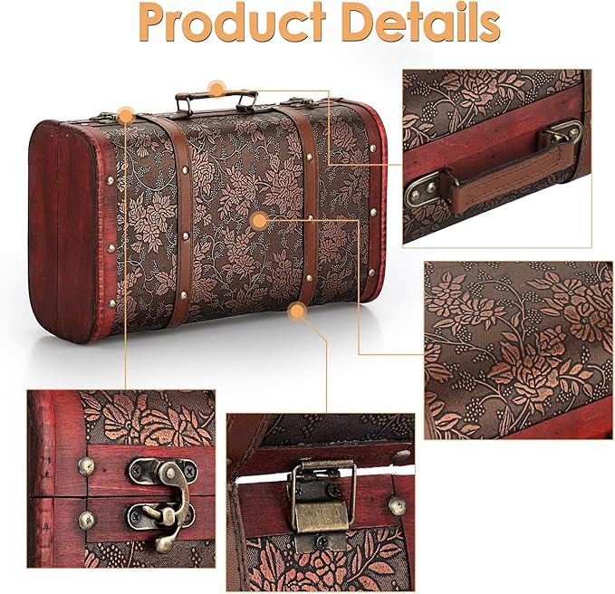 ELLDOO Vintage Wooden Storage Chest, Portable Decorative Luggage Suitcase With Grape Pattern, Pirate Treasure Keepsakes Box for Gifts, Decor and Travel