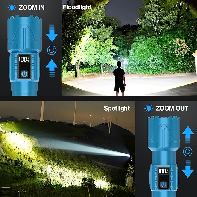 Rechargeable Tactical Flashlights 2000 High Lumens - 5000mAh Super Bright LED Powerful Flash Light, Waterproof Handheld USB C Flashlight for Home,Car,Camping,Emergencies,Zoomable (2, Turquoise)