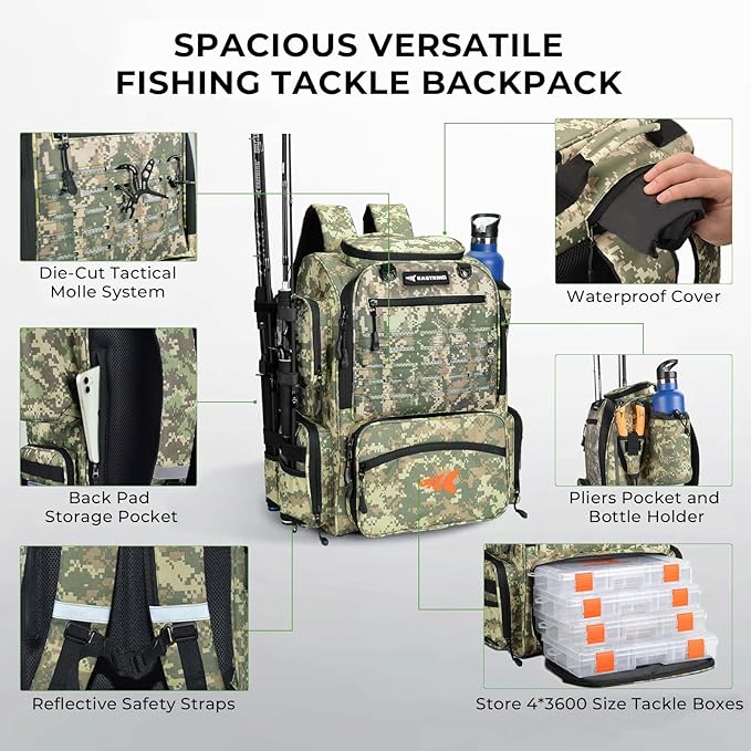 KastKing Bait Boss Fishing Tackle Backpack with Rod Holders-4 Tackle Boxes-Rain Cover,45/43L Large Storage for Fishing Gear