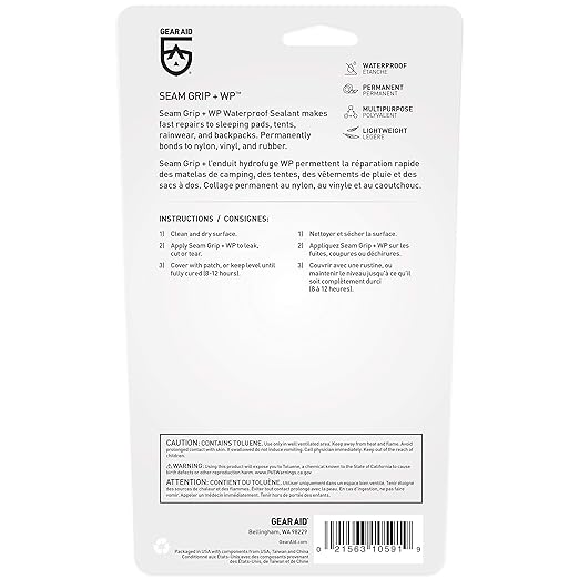 GEAR AID Seam Grip WP Repair Kit – Waterproof 0.25 oz Adhesive with Two Tenacious Tape Hex Patches (2.5" x 2.8", Black and Clear) for Fixing Holes, Tears, and Seams on Tents, Jackets, and Outdoor Gear