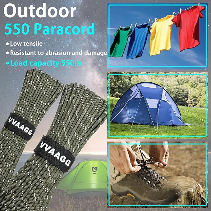 VVAAGG Reflective Paracord Rope 100FT, 7 Strand Nylon para Cord Lanyard Utility 550 Parachute Cord, 4mm Thin Tent Rope for Outdoor Camping Hiking