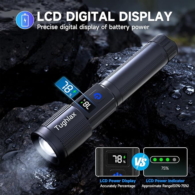4Pack Rechargeable Flashlights High Lumens 10000LM, Super Bright Flashlight with LCD Digital Display, 5 Modes Adjustable Flash Light, LED Flashlight Powerful, Tactical Flashlights for Home