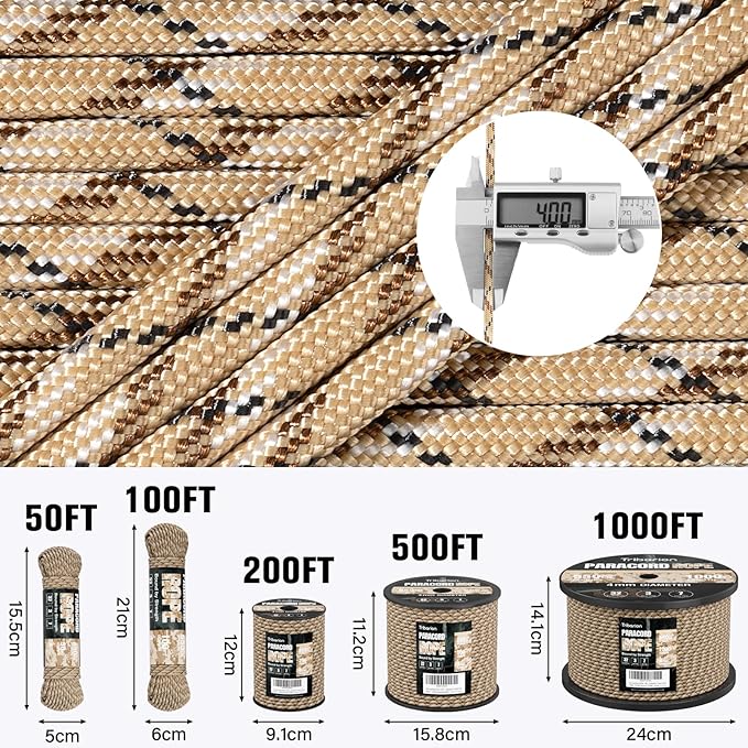 Paracord Rope 550 lb - 50ft 5/32" Parachute Cord 4MM 7-Strand para Cord - Heavy Duty Spool String for Survival,Camping Gear, Survival Bracelet, Clothesline - Desert Camo