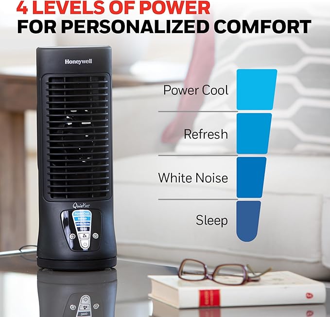 Honeywell QuietSet Personal Table Fan, Oscillating Personal Desk Fan with Quiet Operation, 4 Levels of Power and Sound, Black, HTF210B, Pack of 2