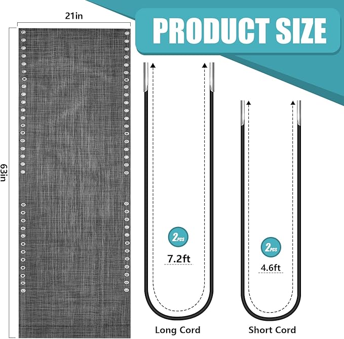 Queekay Chair Replacement Fabric with 4 Bungee Cord Lounge Chair Cloth Mesh Repair Kit for Patio Recliner Outdoor Lawn Pool(63 x 21 Inch,Black Grey)
