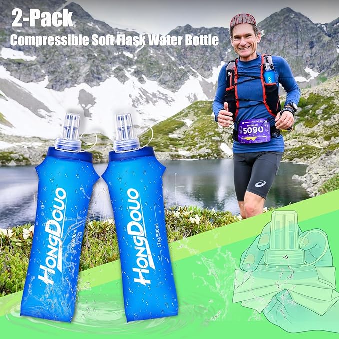 2PCS Running Vest Soft Flask, BPA-Free Soft Flasks 17oz/500ml TPU Collapsible Water Bottle for Hydration Backpack, Folding Running Water Bottles for Marathon Hiking Cycling Climbing