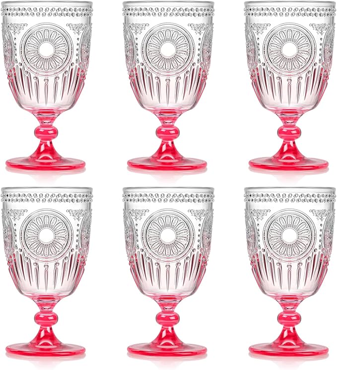 XUWAIDSGN 6Pcs Plastic Vintage Wine Glasses 13.5oz Reusable Embossed Goblet Glasses Pink Gradient Retro Wine Glassware Unbreakable Stemmed Champagne Water Cups for Wine Cocktail Juice Wedding