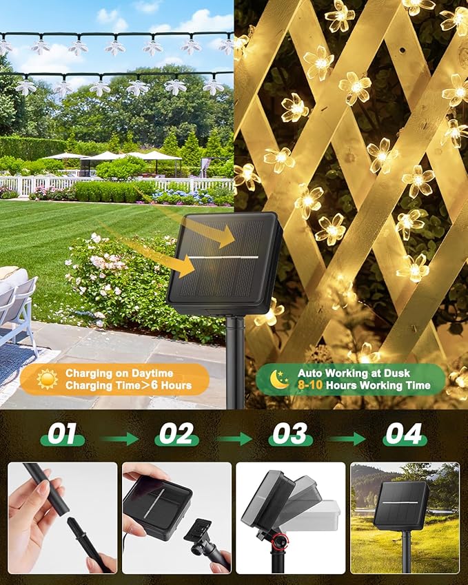 Brightown 60 LED Solar String Lights Flower Outdoor Waterproof Fairy Lights for Garden Yard Fence Patio Christmas Tree Wedding Party Decor, Warm White