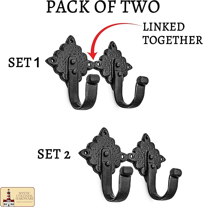 Mystic Colonial Rustic Cast Iron Wall Hooks, Heavy Duty Retro Utility Hooks for Hanging Coat, Bag, Towel, Robe, Hat & More, Pack of 2 | Joined Pieces, Black