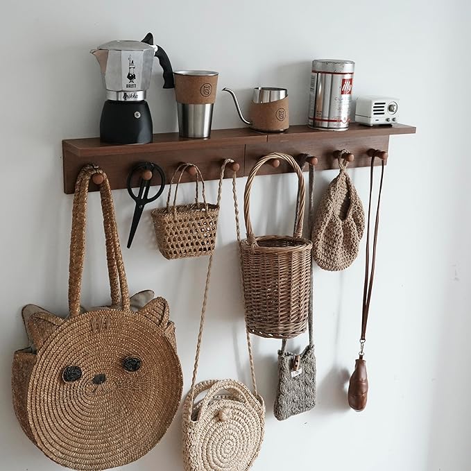 Entrance Coat Rack ，Coat Hooks, Wall-Mounted Wooden Hook Rack, Wall-Mounted Shelves are Very Suitable (Teak Color Finish—A-2)