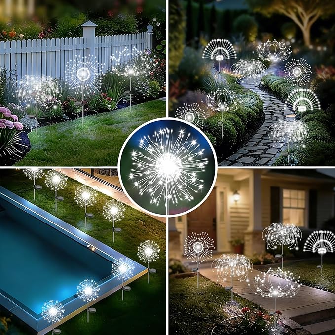 Solar Garden Lights Outdoor, 4 Pack 120 LED Twinkling Firework Lights Decorative with 2 Modes, Outdoor Waterproof Solar Starburst Light for Yard Pathway Planter Patio Decor, White