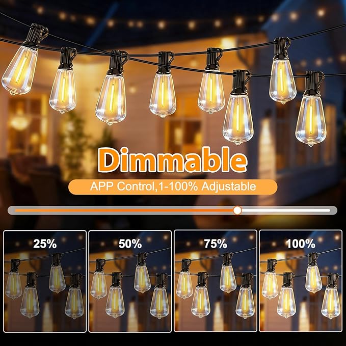 LumBelle Smart Outdoor String Lights, 200FT ST38 LED Patio Lights with Timer Remote APP Control, 84 Shatterproof LED Bulbs (4 Spare), Dimmable Waterproof Hanging Light for Backyard Porch Party Decor