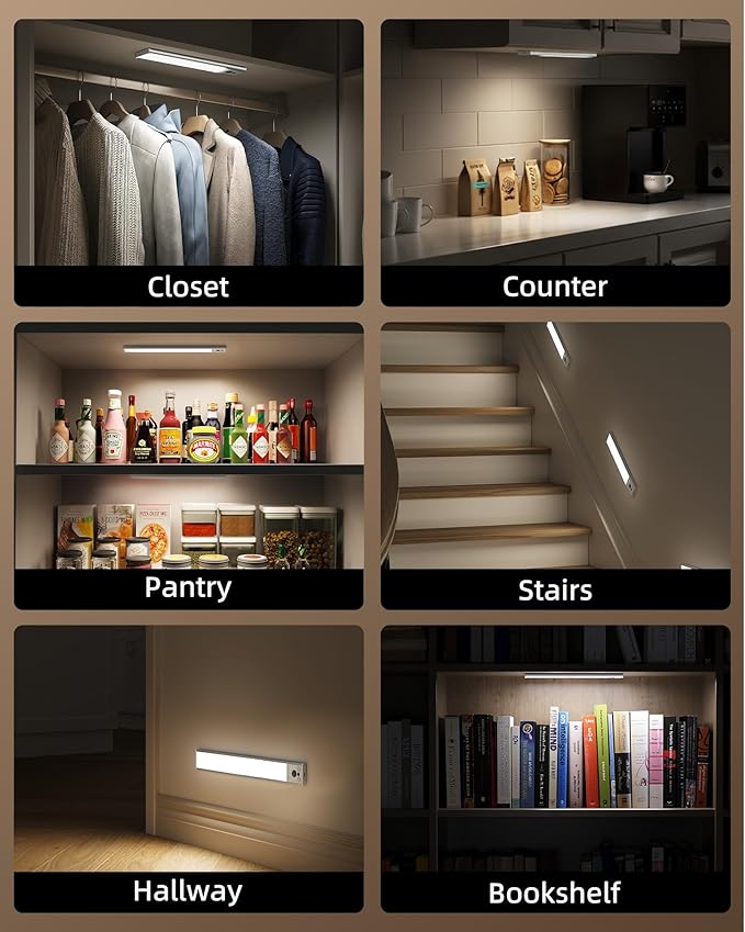 EZVALO 4-Pack Under Cabinet Lights, 2400mAh Rechargeable Motion Sensor Light Indoor, Wireless Closet Lights, with 3 Color Temps, Dimmable, Magnetic, Under Counter Lights for Kitchen, Stairs (8-inch)