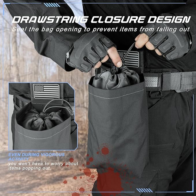 Tactical Dump Pouch for Battle Belt & MOLLE Systems | Foldable Mag Pouch with Drawstring Closure | for Hunting, Duty, Paintball | Includes Flag Patch