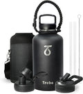Trebo 64oz Water Bottle,Large Stainless Steel Water Jug with 3 Lids, Triple Wall Vacuum Sports Thermo bottle Keep Hot 24 Hours & Cold 48 Hours,Wide Mouth Flask,Black